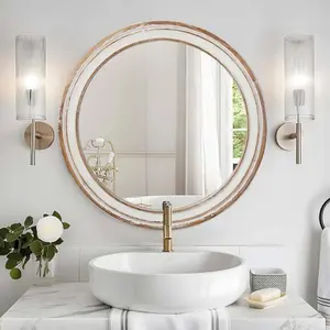 Round Wall Mirror - Whitewashed Wood Farmhouse Vanity Mirror for Bathroom, Bedroom, Living Room & Entryway, Decorative Circle Mirror, Rustic Home & Office Decor