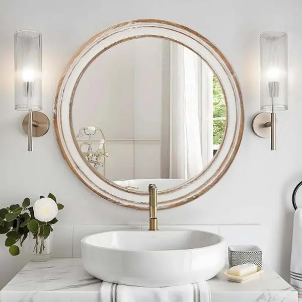 Round Wall Mirror - Whitewashed Wood Farmhouse Vanity Mirror for Bathroom, Bedroom, Living Room & Entryway, Decorative Circle Mirror, Rustic Home & Office Decor