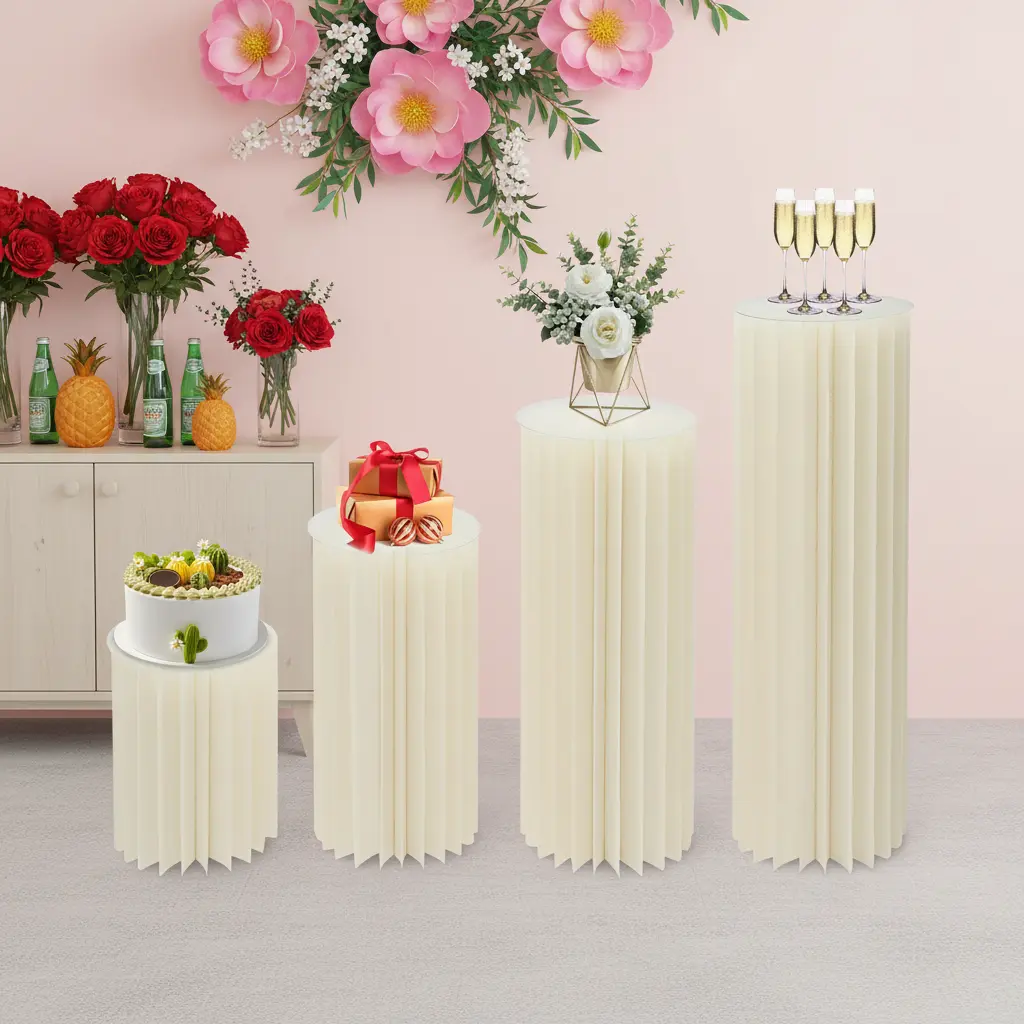 4-Pack Milky White Paper-PVC Cardboard Flower Stands - Indoor Furniture, 4 Heights, Multi-Size, 66lbs Capacity, Minimalist Round Table Centerpiece, Party Decoration, Festival Decorations, Ceremony Use, Formal Dining Room Setup, Minimalist Table Centerpiec