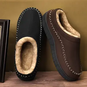 Men's Winter Anti-Slip Moccasin Slippers with Thick Rubber Sole and Memory Foam Insole | Low-Heel Indoor-Outdoor House Slippers with Plush Fleece Lining | Brown Microsuede Cozy Stylish Fathersdaygift