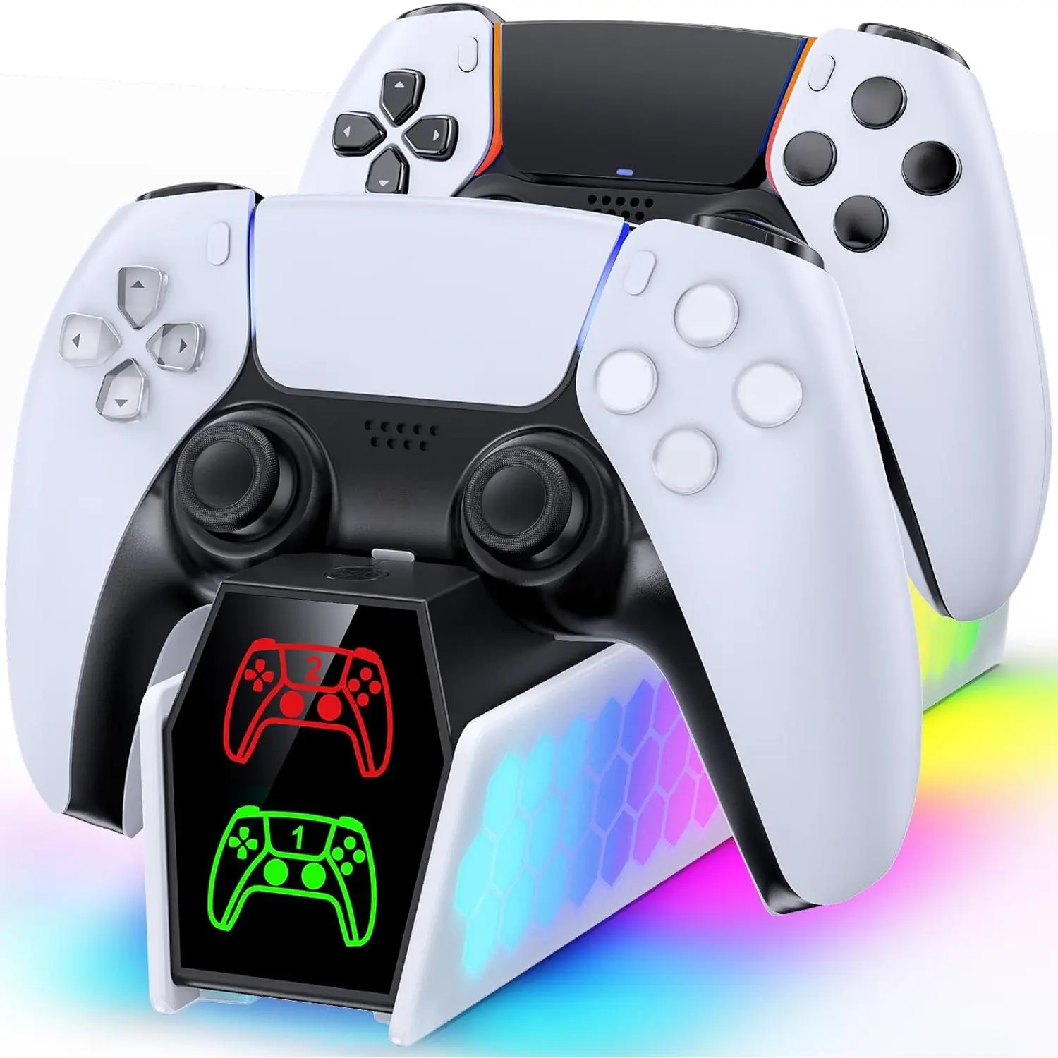 P-CPS032 Rechargeable PS5 Controller Charger Station - Fast Charging, 2-Hour Rapid Charge, RGB LED Indicator, Port, Cable, ABS Plastic Digital Accessories for DualSense & Edge Remotes, PlayStation 5 Console Protection Accessory, Rgb Lights
