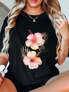 100% Cotton Watercolor Tropical Hibiscus Flowers Floral Summer Art T-Shirt