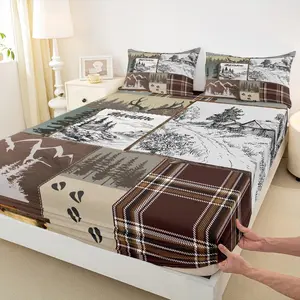 Rustic Farmhouse Cabin Fitted Sheet,Adventure Deer Antler Hunt Theme Bedding Set Adult Room Decor Pine Wooden Plaid Patchwork Bed Sheet Vintage Brown Deep Pocket Sheet
