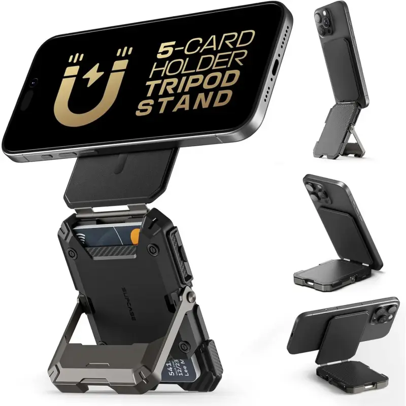 for MagSafe Wallet with Stand, Magnetic Wallet for Men, [Hold 5 Cards] [Adjustable Stand] [RFID Blocking] Phone Credit Card Holder Tripod for iPhone 17/16/15/14/13/12 Series, Black