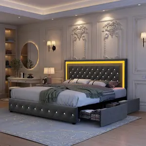 GEGOFORU LED Storage Bed Frame with 4 Drawers, Upholstered Platform Bed with Adjustable Headboard, Smart App & Remote RGBW Lights, No Box Spring Needed, Easy Assembly, Grey Velvet