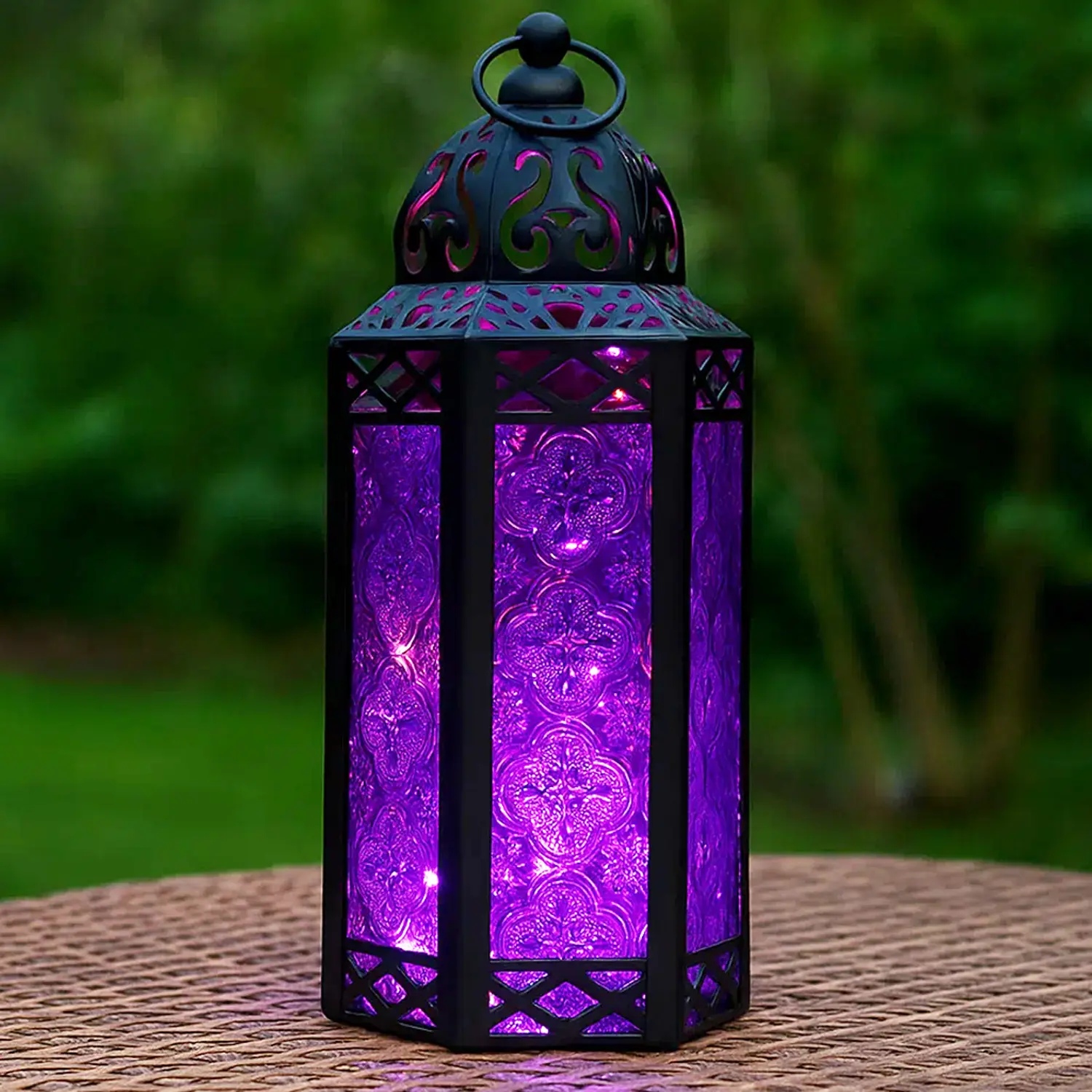 Purple LED Fairy Lights Gothic Halloween Candle Lantern - Decorative Moroccan Holder Lamp for Table or Hanging, Ramadan Decorations, Outdoor Patio or Porch, Weddings, Medium, 10.5” Tall