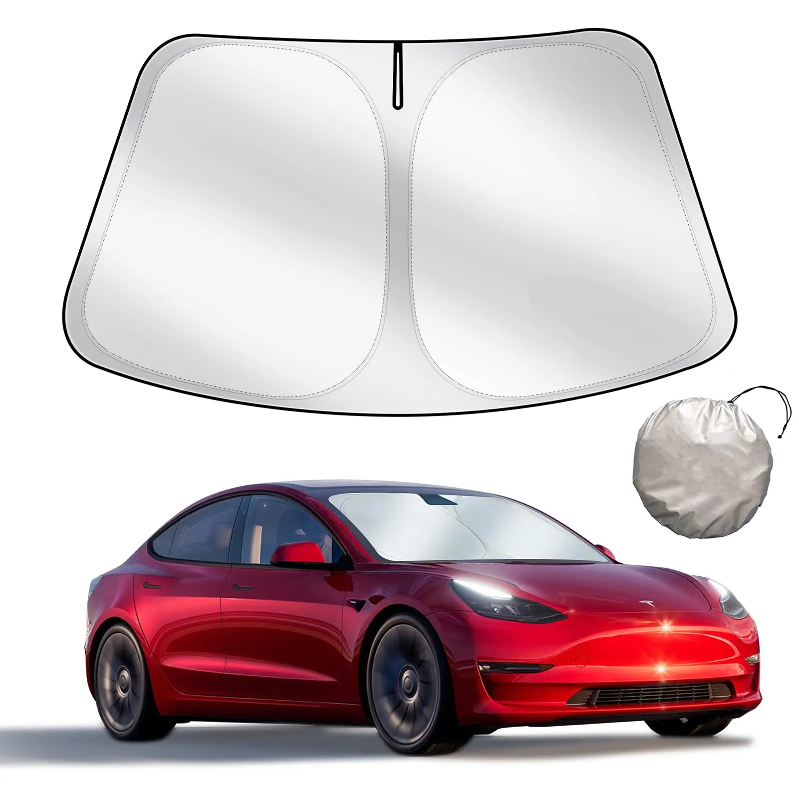 Foldable Windshield Sun Shade for Tesla Model Y - Custom Fit Exterior Accessory, Easy Fold Design, UV Shielding, Heat Blocking, Reflective Polyester, Blocks Harmful Sun Rays