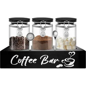 Glass Coffee Containers with Shelf Coffee Station Organizer 54oz Black Glass Coffees Bean Storage Canister with Spoon Coffee Canister Set Kitchen  Storage Jars for Coffee/Sugar/Candy