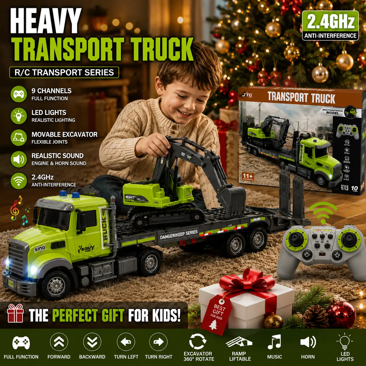 1:12 Scale Remote-Operated Alloy Semi-Trailer Tractor Transport Vehicle Set - 11-Piece Dual-Mode Toy with Excavator, LED Lights, Sound Effect Machine, Ideal Gift for Boys Ages 6+