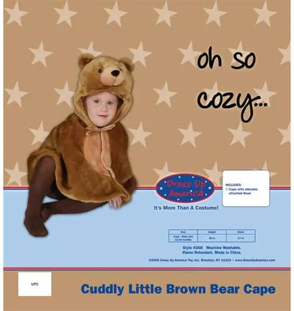 Dress Up America Kids' Brown Bear Costume, Plush Hooded Polyester Cape with Attached Head, Machine Washable, for Parties & All Occasions, Includes 4 Durable Snap-Sealed Bags