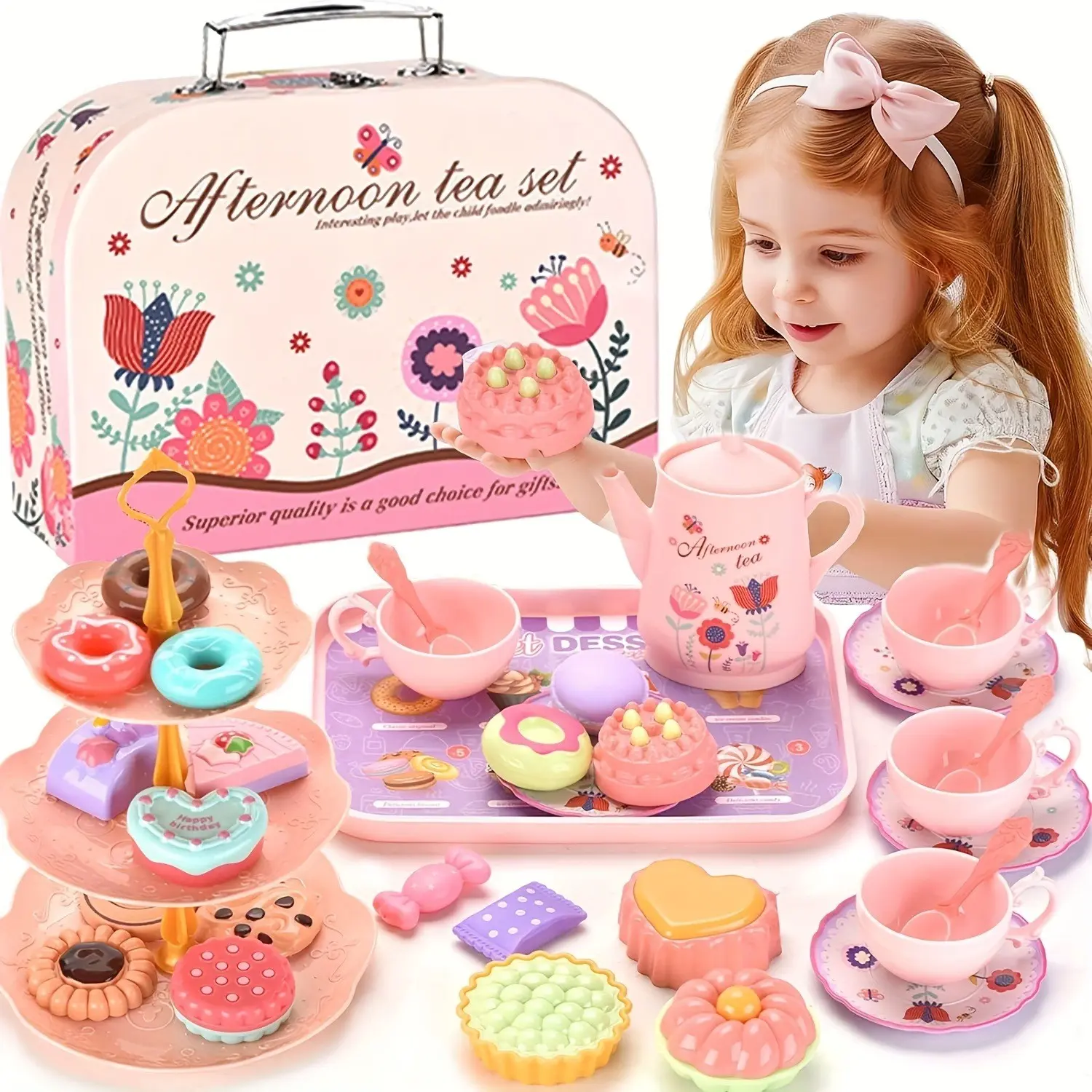 Kids Tea Party Set for Little Girls, Pretend Play Toy Tea Set with Desserts & Carry Case, Pretend Play Dishes, Play Food Sets, Kitchen Play Set, Princess Tea Time Playset, Play Kitchen Accessories, Perfect Birthday Christmas Easter Gift for Toddler Girls