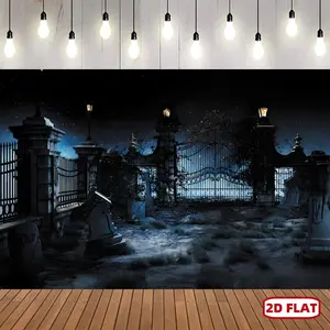 1pc 2D Flat Halloween Night Full Moon Backdrop Gloomy Woods Graveyard Photography Background Horrible Cemetery Spooky Party Banner Halloween Party Decoration Photo Booth Props