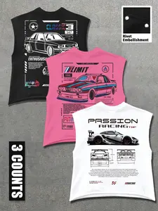 Men's Summer Street Style Vest Set, Rivet Decorated Sleeveless T-Shirt, Car Print, Casual Fitted, All Seasons Wear, Fashion Streetwear Graphic