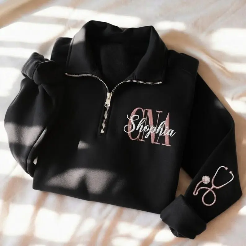 [MADE IN US] Custom CNA Quarter Zip Pullover | Personalized Name Embroidered Sweatshirt | Monogram CNA Fleece | Healthcare Worker Gift