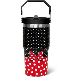 20 Oz Reusable Skinny Printed Stainless Steel Insulated Tumbler - Classic Stylish Cartoon Mouse Drinkware with Flip Straw, Lid, Top Handle, Red Bowknot, Reusable Coffee Cups for Travel, Birthday Gift