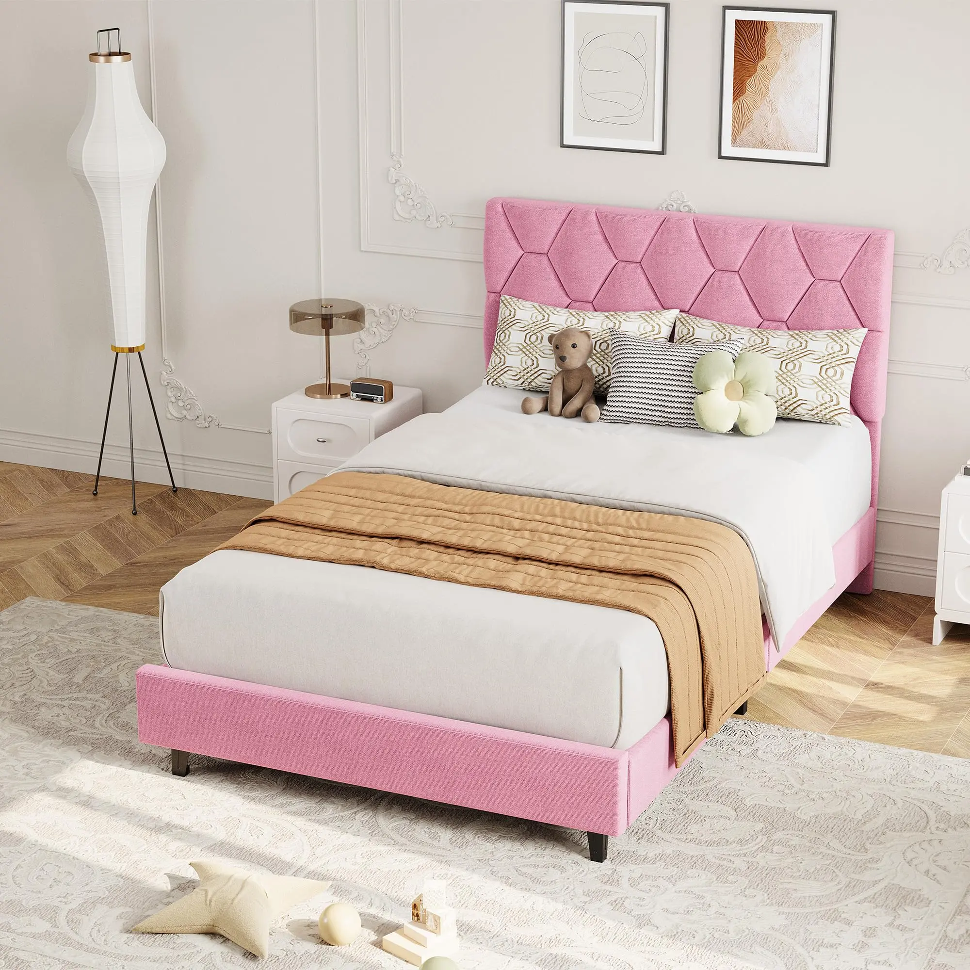 Garvee Pink Twin Bed Frame with Upholstered Headboard, Heavy-Duty Platform Bed Frame with Strong Wood Slats, No Box Spring Needed/Noise Free/Easy Assembly