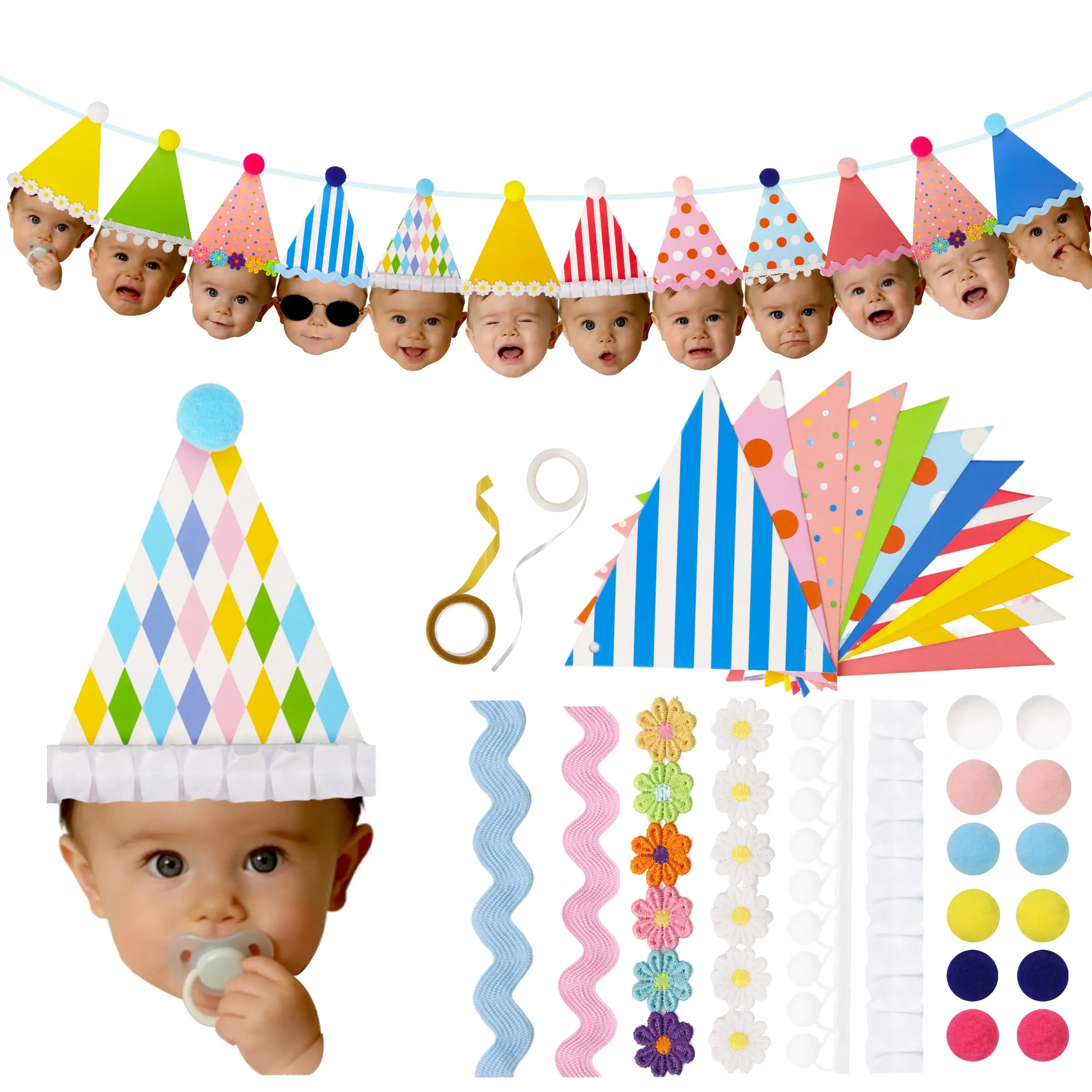 DIY 1st Birthday Photo Banner Kit, First Birthday Party Decorations, Unisex, Includes 12 Triangle Flags & Accessories, Customizable Portrait Decoration, Self-Print & Assemble