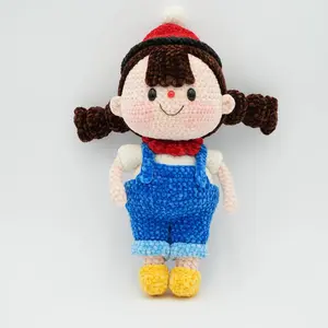 Handmade Crochet 13" Doll Girl Wearing Blue Overalls – Hand-Knitted Cotton Yarn Amigurumi Doll, Cute Plush Toy, Unique Gift for Kids & Collectors