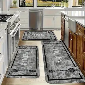 Fashionable Flannel Kitchen Mat Set with Marble Print - 3PC Non-Slip Absorbent Mats for Sink, Laundry, Entryway - Spring Home Decor, Holiday Gift, Modern Tableware Pattern Design for Bathroom & Office kitchen carpet