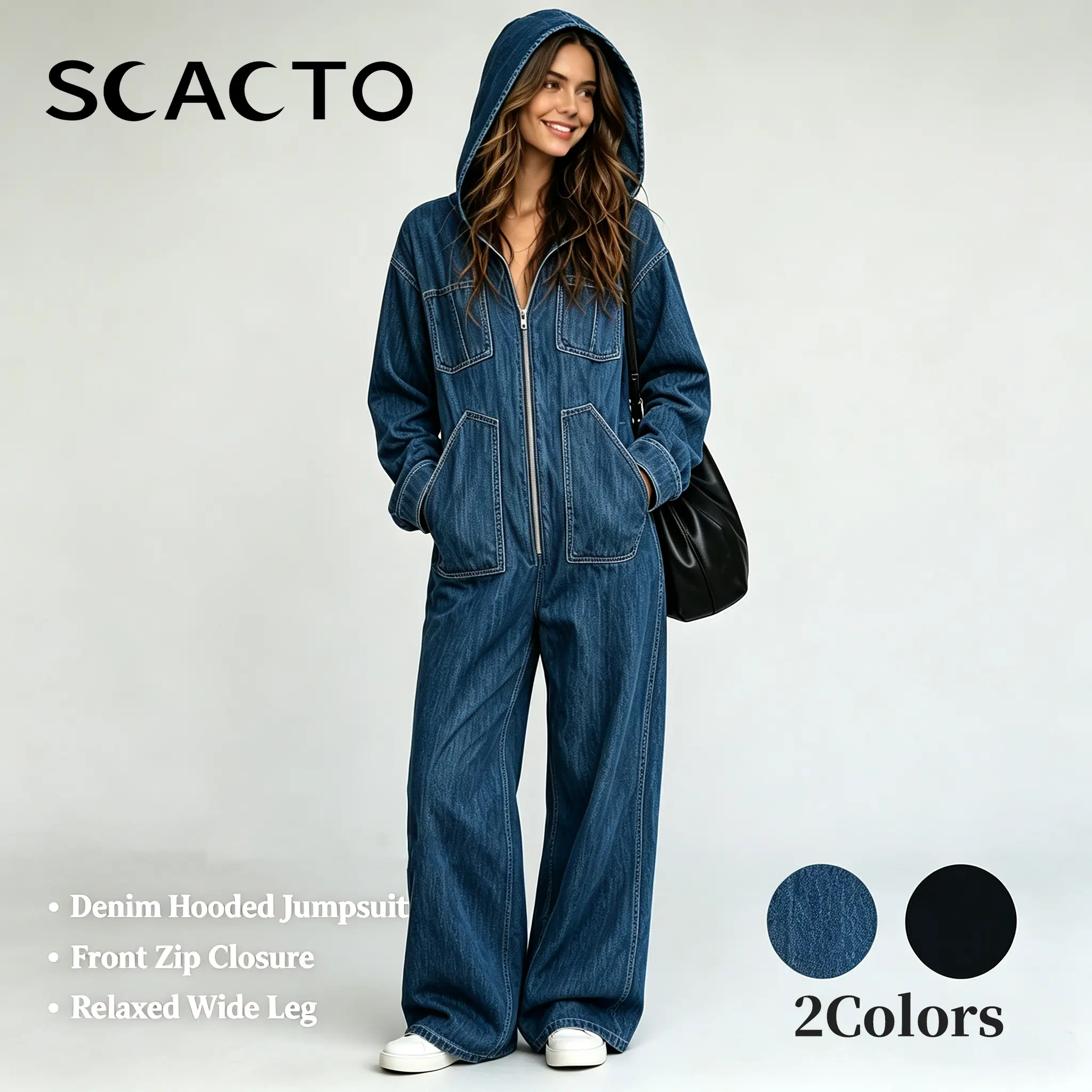 Scacto Women’s Hooded Denim Jumpsuit - Long Sleeve, Zip Front, Wide Leg 1-Piece, Casual Y2K Streetwear Outfit