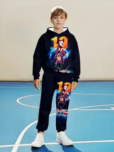 Cr7 Exclusive Kids Hoodie Set, Full-Print Star Player Design, School Sports Focus, Casual Fitted Sweatshirt, Sweatpants, Fall & Winter