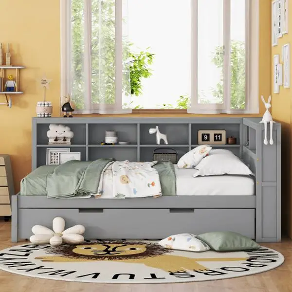 Bellemave Full Size Wooden Daybed Frame with Twin Trundle Bed, Storage Shelf, USB Port, Humidity-Resistant Pine Wood MDF, 83.9" L x 63.3" W x 36.6" H White/Grey, Space-Saving Furniture for Children, Assembly Required