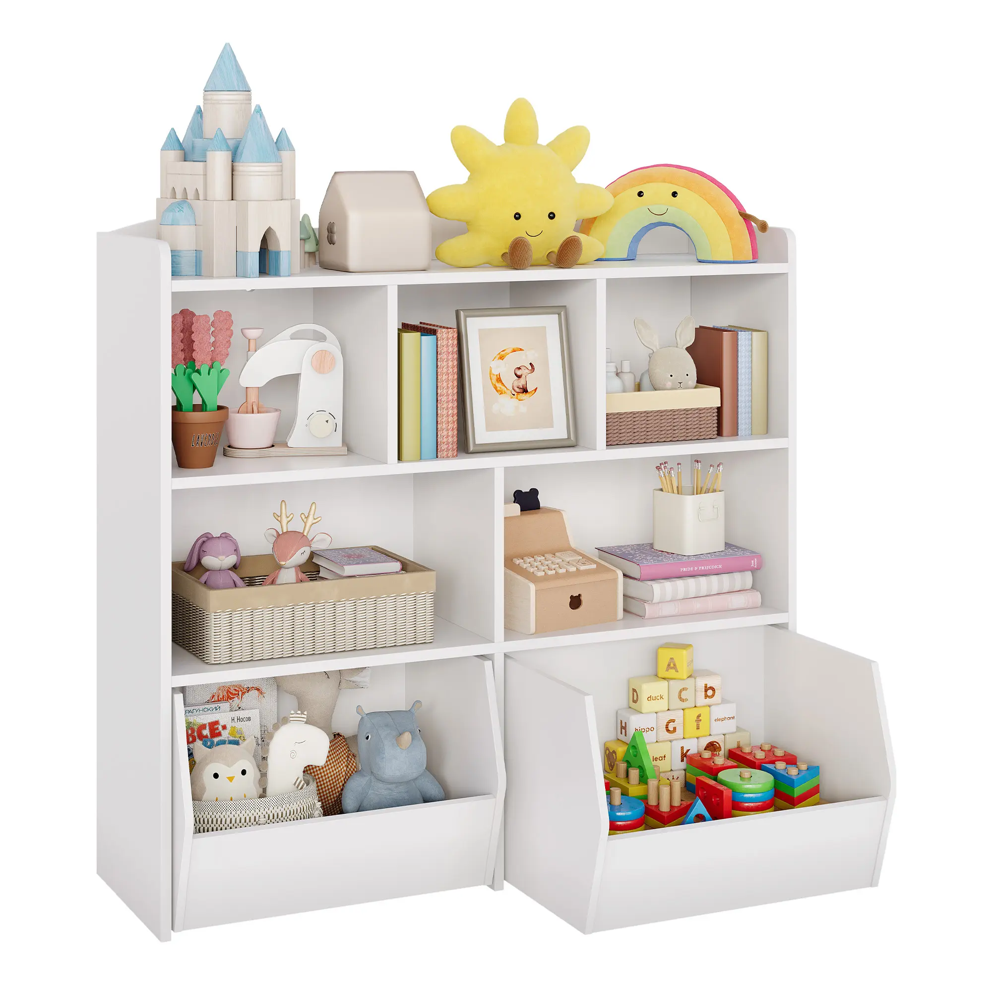 Gaomon Toddler Bookshelf & Toy Storage Organizer, Multifunctional Kids Bookcase - 5 Open Cubbies Cabinet, 2 Movable Hidden-Wheeled Drawers, Rounded Edges Safe Furniture Unit for Playroom, Bedroom (White)