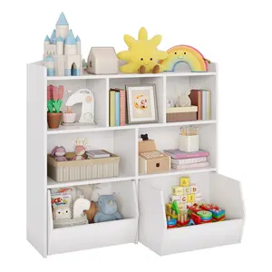 Kids Bookshelf And Toy Storage Organizer Multifunctional Childrens Bookcase 5 Open Cubbies Cabinet 2 Movable Drawers On Hidden Wheels Rounded Edges Safe Furniture Unit For Playroom Bedroom Nursery Kids Room Living Room Storage Chest White