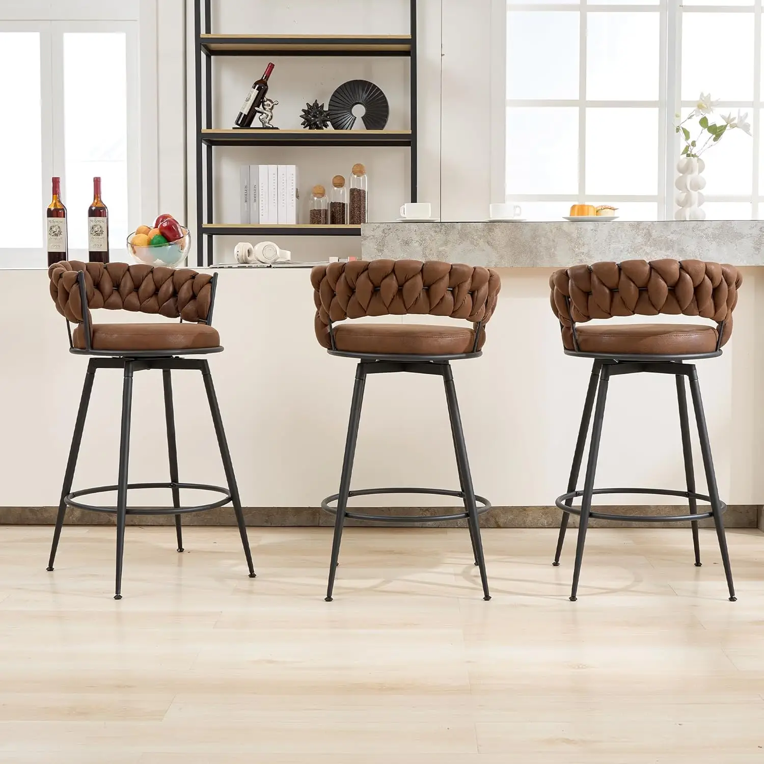 Swivel Bar Stools Set of 2/3/4, 28/24 Inches Modern Counter Height Bar Stools with Woven Back, Upholstered Suede Tall Barstools for Kitchen Island, Ca
