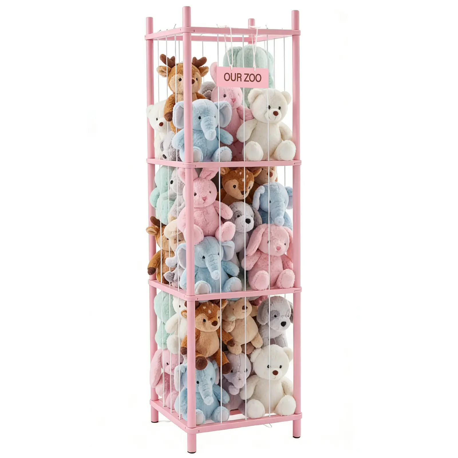 Pink Zoo Theme Compact Stuffed Animal Toy Organizer - Wooden Display Storage Rack, 15.75x15.75x54.53in Space-Saving Indoor Furniture Shelf for Kids, Cute Design for Bedrooms