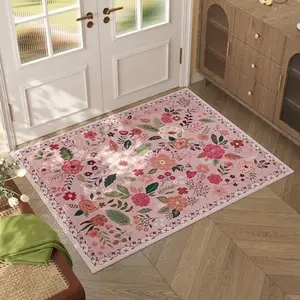 Pink Floral Rug Machine Washable Boho Carpet Non Slip Doormat Low Pile Flower Area Rugs for Living Room Bedroom Kitchen Dining Room Hallway Entryway Indoor 60*90cm