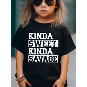 Toddle Girls Kinda Sweet Kinda Savage Printed Short Sleeve T-shirt Round Neck Summer Gift Outdoor Funny Graphic Tee