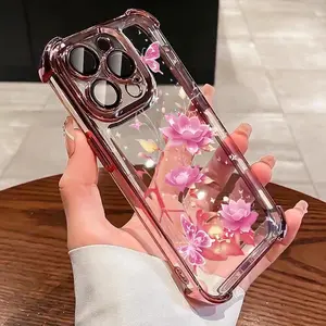 Pink lotus transparent high-end phone case suitable for iPhone 17/16/15/14/13/12/11 ProMax Plus Air anti drop electroplated four corner phone protection case
