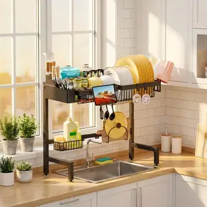 Over-The-Sink Dish Drying Rack, Adjustable 2-Tier Design with Cup & Cutlery Holders, Ideal for Organized Kitchen Storage Solutions, Adjustable Hooks