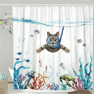 Funny diving cat design shower curtain, perfect for bathroom decoration, partition, beautification space, waterproof, wear-resistant, easy to clean, machine washable, multiple sizes to choose from, shower curtain hook