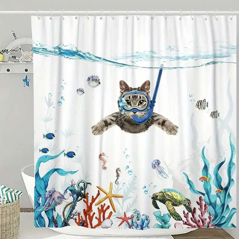 Funny diving cat design shower curtain, perfect for bathroom accessory, decoration, partition, beautification space, waterproof, wear-resistant, easy to clean, machine washable, multiple sizes to choose from, shower curtain hook