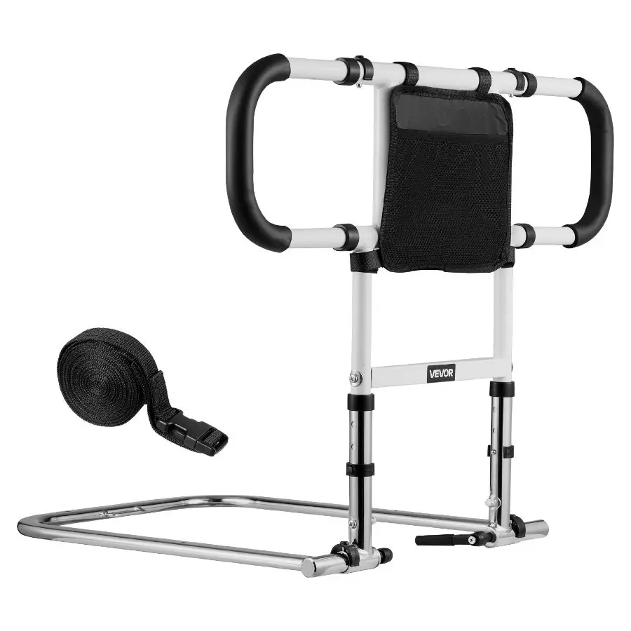 【Summerfinds】 Foldable Extendable Bed Assistance Rail, Carbon Steel Adjustable Height Bedside Cane with PU Handrail, Side Handles, Strap Locks, Widened Base, Flat-Folding Design, Fits King, Queen, Full, Twin Beds, Extendable Raildealsforyoudays