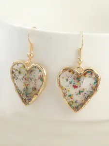 Handmade Dried Pressed Flower Resin Earrings, Lightweight Earring, Ear Hook Design, Heart-Shaped Colorful Pendant, Boho Style Floral Drop Earrings, Aesthetic Jewelry Gift, All Seasons Jewelry, Bohemian Earrings