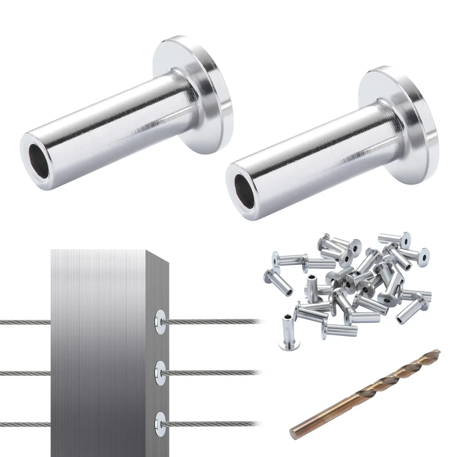 【summerfinds】VEVOR 121-Pack T316 Stainless Steel Protector Sleeves for 1/8" Wire Rope Cable Railing, Durable Reliable Connectors, Stainless Steel Connectors, Marine Grade DIY Balustrade Installation Kit, Silver with Free Drill Bit
