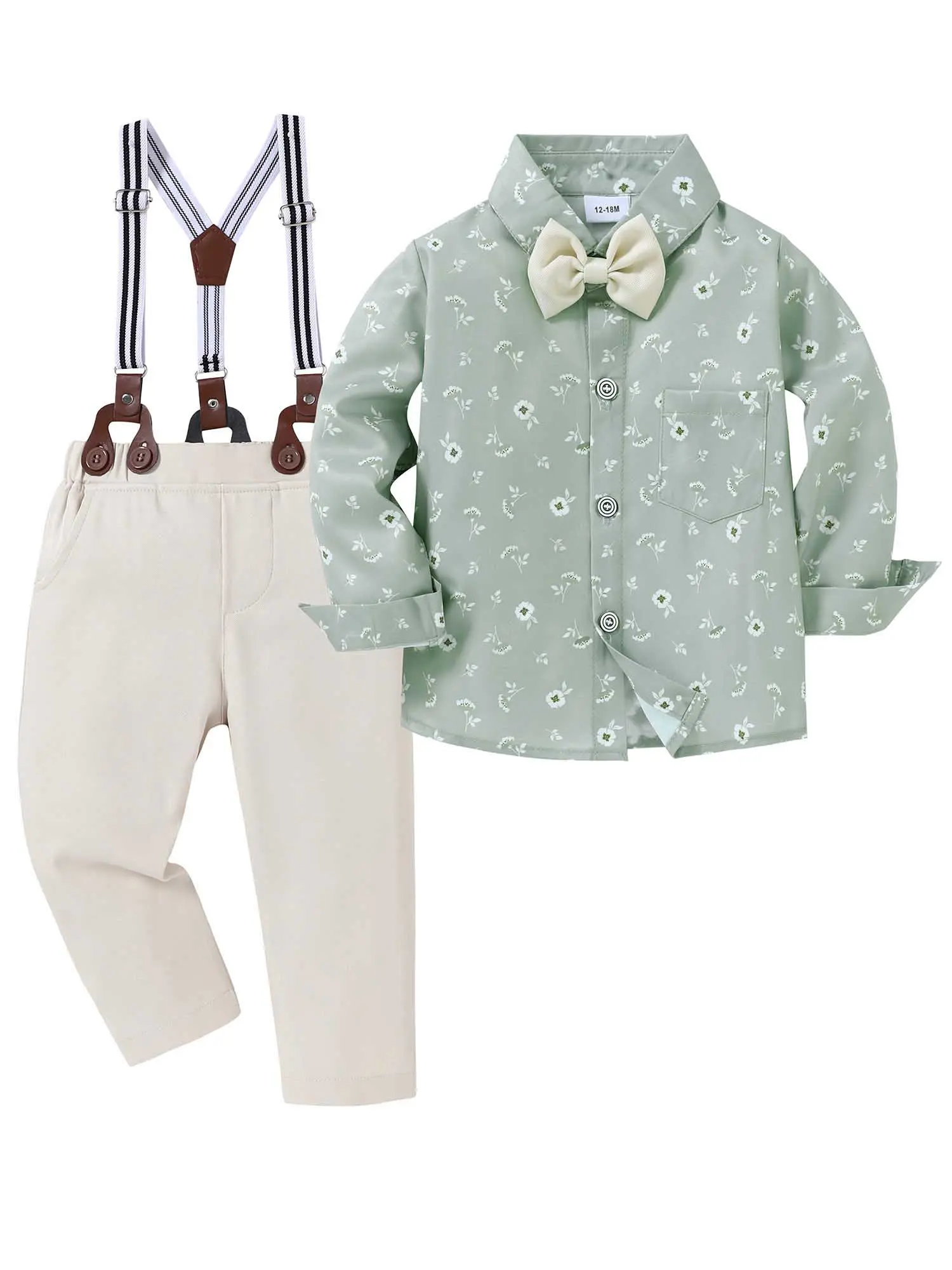 Toddler Boys 3-Piece Formal Suit Set - Soft Cotton Costume Set with Printed Button-Up Shirt, Detachable Bow Tie, Adjustable Strap Suspenders (Elastane) for Weddings, Family Photos (2-3t,12-18 months,3-4t,All Seasons)
