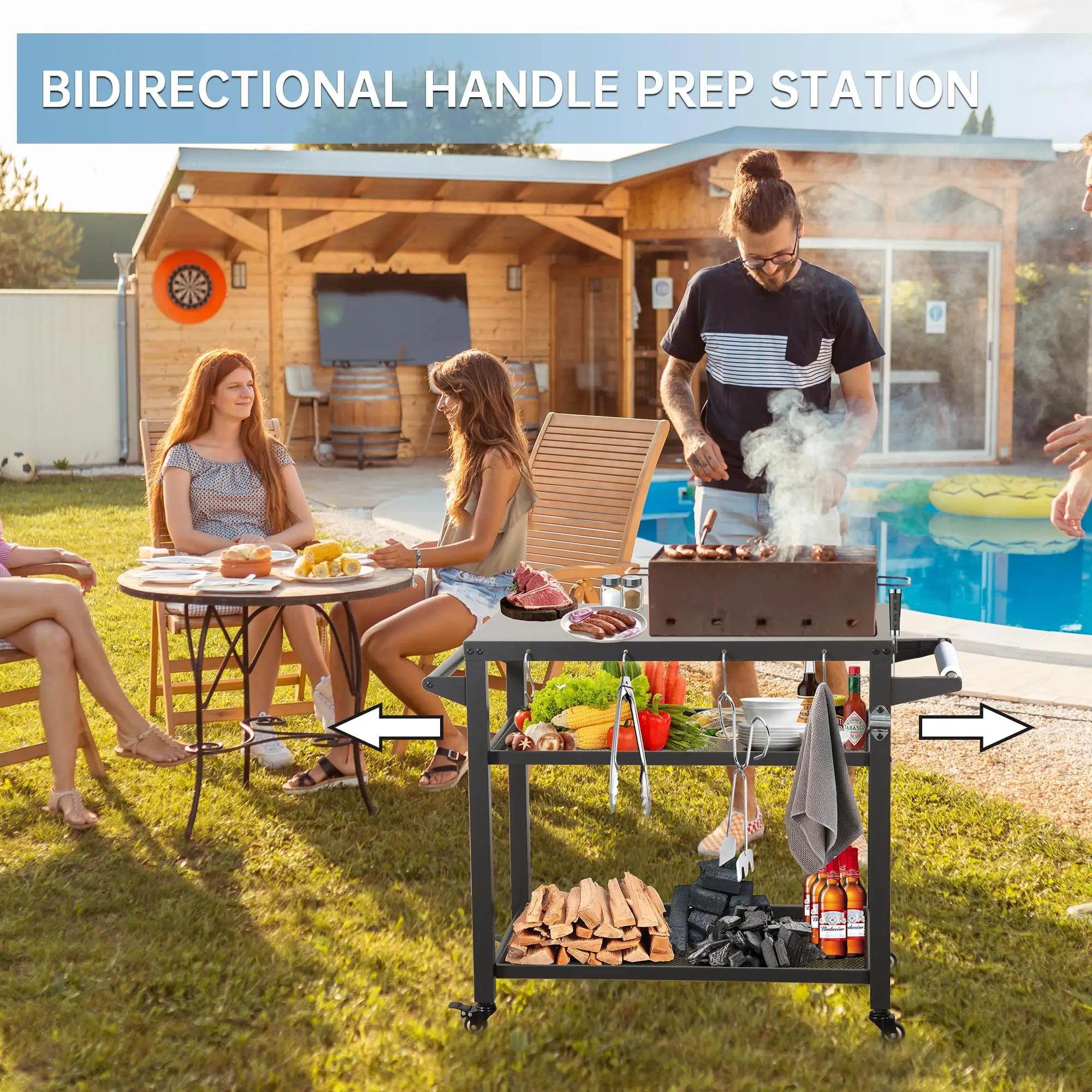 Moveable Outdoor Kitchen BBQ Worktable Trolley 42" W X 22" D 3 Storage Shelves Grill Cart Table Wheels Hooks for Food Parks