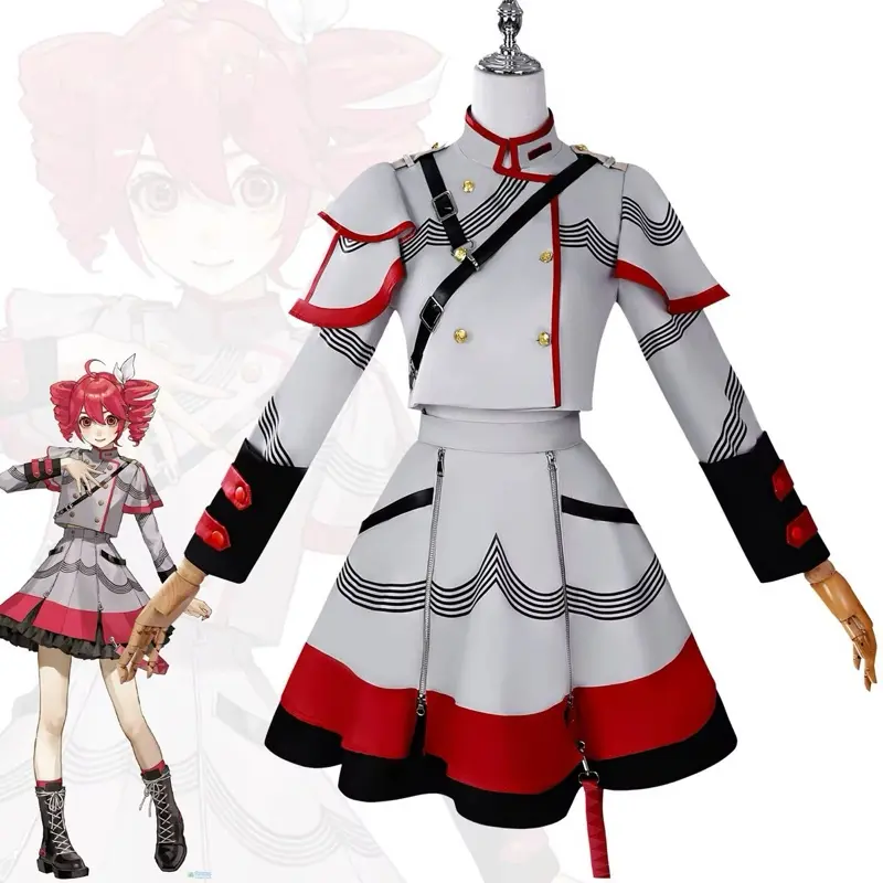 Kasane Set Teto Cosplay Costume Full Set &Wig Dress Unisex Adult Women Anime Uniform Jacket Outfit with Red Accents Gold Buttons and Striped Design costume and wig included. Boots sold separately