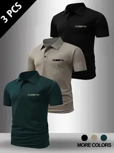 Men's 3-Piece Letter Print Graphic Business Casual Set, Breathable Quick-Dry Polo Shirt, Summer Golf & Tennis Wear, Fitted Style