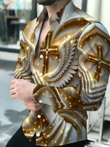 Men's Long Sleeve Shirt Novelty Pattern Golden Cross, Angel Wings and Praying Hands