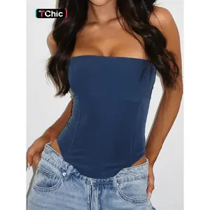 Women’s fashion casual sleeveless high-low hem strapless plain lace-up corset backless tube top — streetwear, school outfits, long-sleeve tops