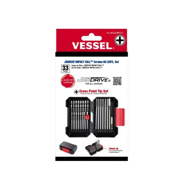 VESSEL 33-PC JISDRIVE Impact Ball Torsion Bit Set P1/P2/P3 with Hard Case IB33JSP01U Cross Point Tip Made in Japan