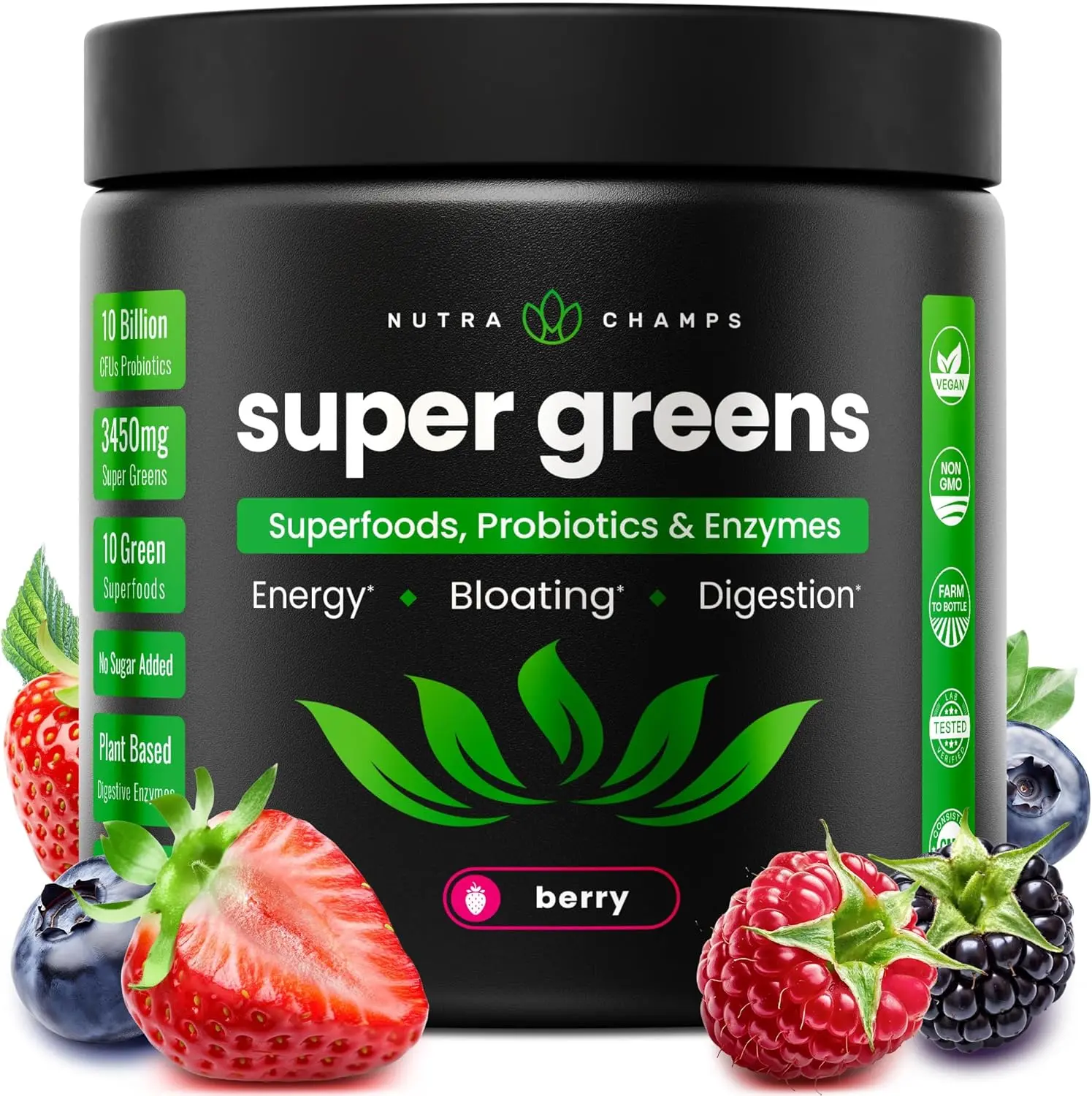 Organic SuperGreens Powder Drink Mix 40 Plus Superfoods Probiotics Enzymes Spinach Noni Berry Daily Green Juice Smoothie Blend Gut Health Digestion Energy Bloating Relief Detox Cleanse Unflavored Powder