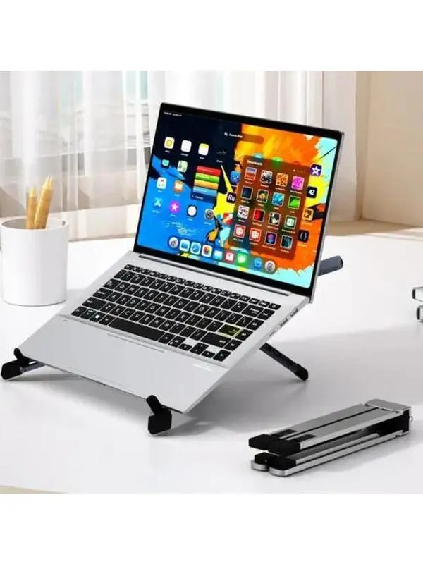 MUNBYN Adjustable Laptop Stand with Smart Rebound Bracket – 6 Height Levels, Foldable Aluminum Riser for 10–17.3” Laptops | Portable, Non-Slip, Durable for MacBook, Dell, HP Use