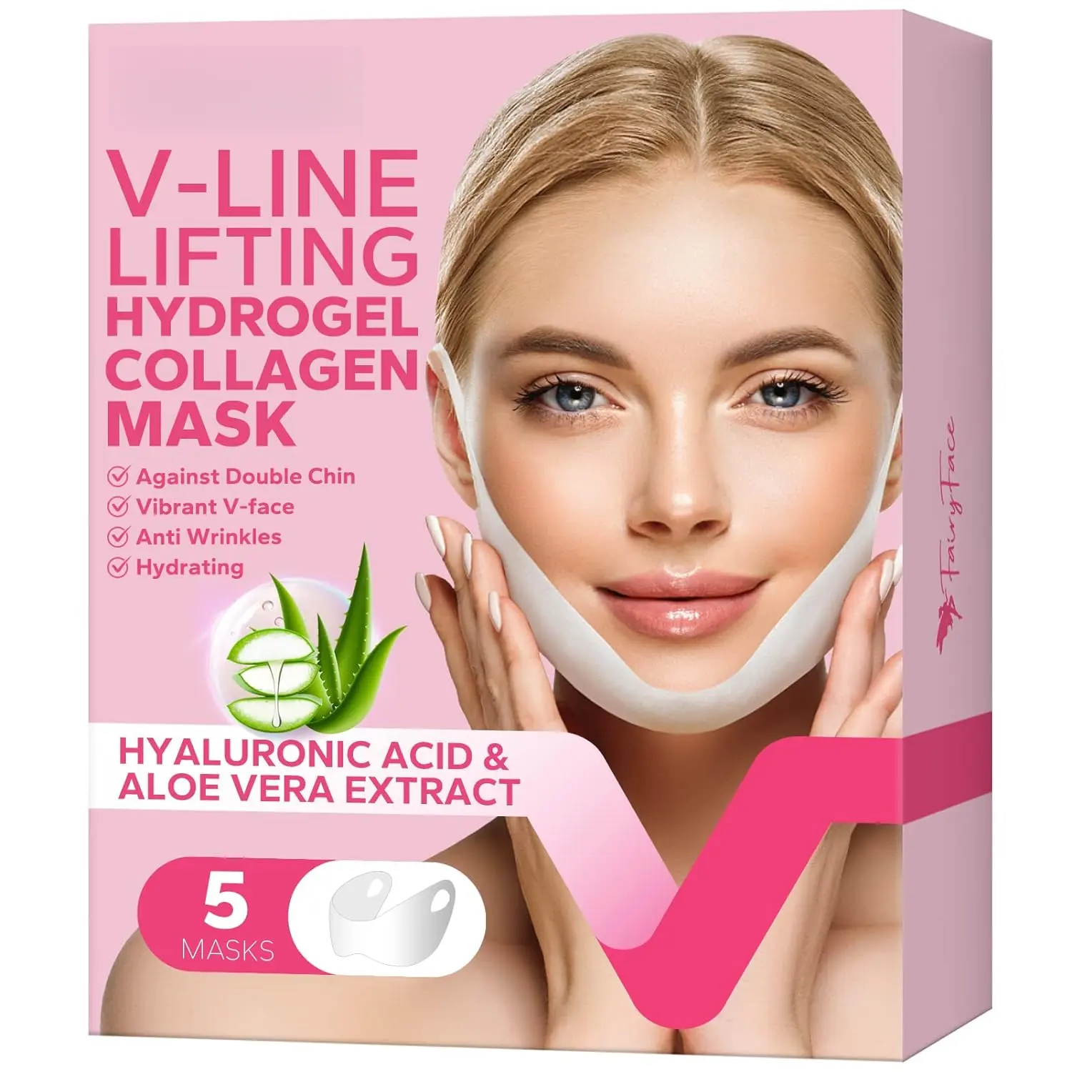 V Line Shaping Face Masks, 5 Count Multi-Pack - Hydrating and Contouring Chin Mask with Naturally Derived Hyaluronic Acid and Collagen, Fits Various Face Shapes