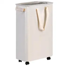 Ultra-thin laundry basket with lid and wheels, small rolling laundry basket with handle, suitable for small spaces, high-capacity dirty clothes basket for dorms, bathrooms, and bedrooms, 75L, beige